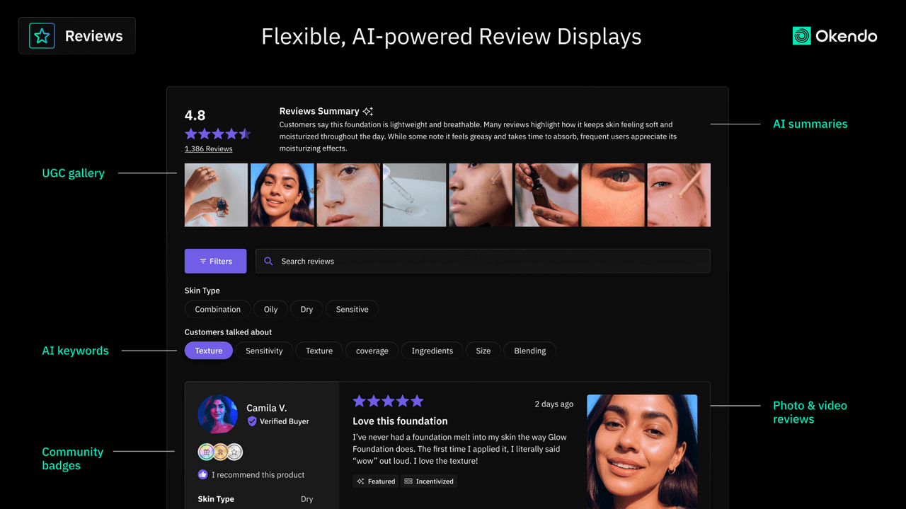 Okendo showing reviews alongside loyalty and customer surveys.