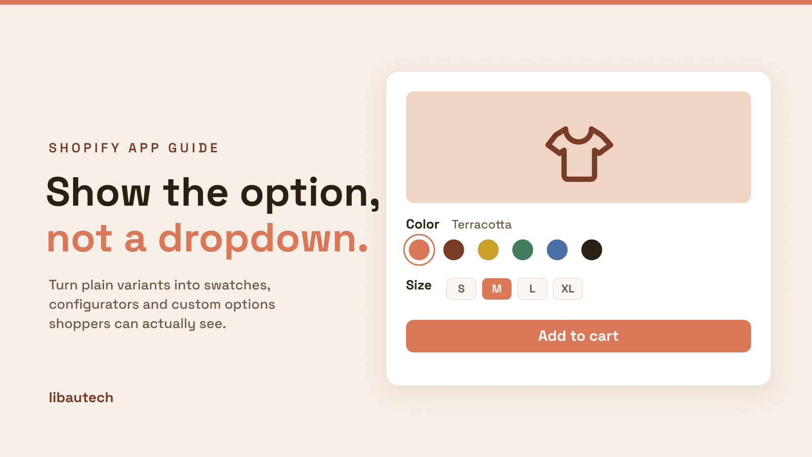 A Shopify product page variant picker with color swatches and size option chips instead of plain dropdowns, above an Add to cart button.