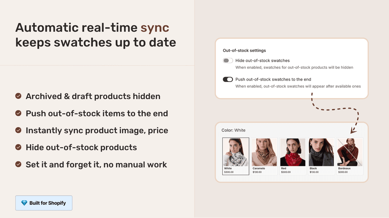 Rubik Combined Listings Swatch linking separate color products as variant swatches with real-time sync.