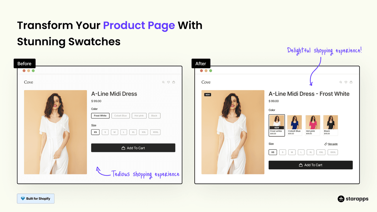 Swatch King showing color and image variant swatches on a Shopify product page.