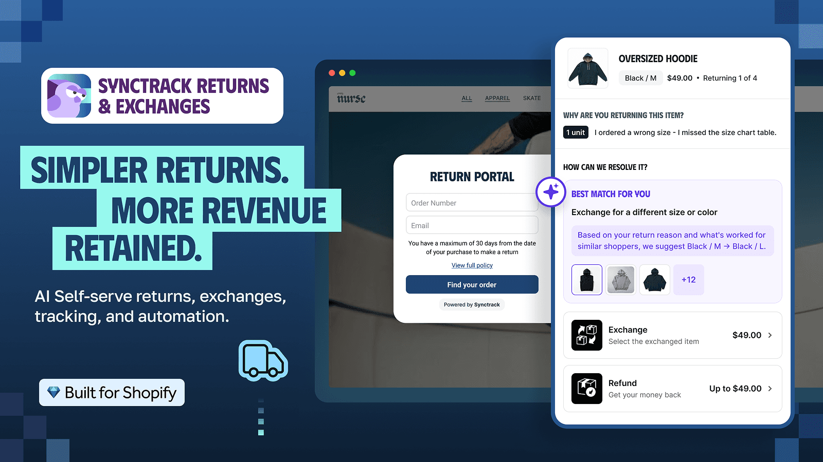 Synctrack Returns & Exchanges shown on its Shopify App Store listing.