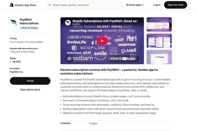 PayWhirl subscription app for Shopify