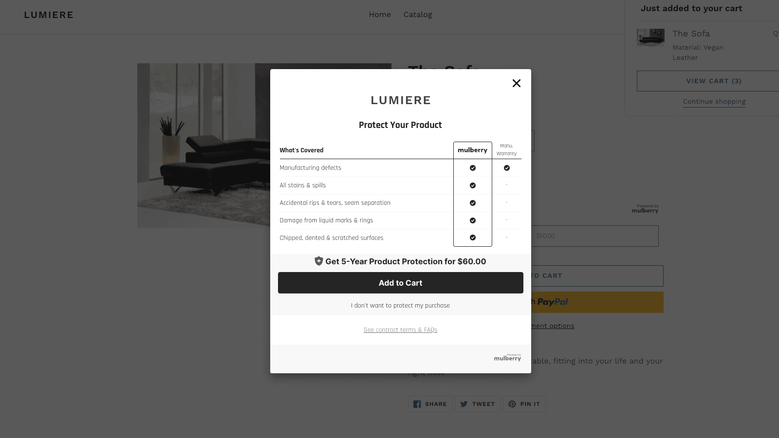 Mulberry Product Protection shown on its Shopify App Store listing.