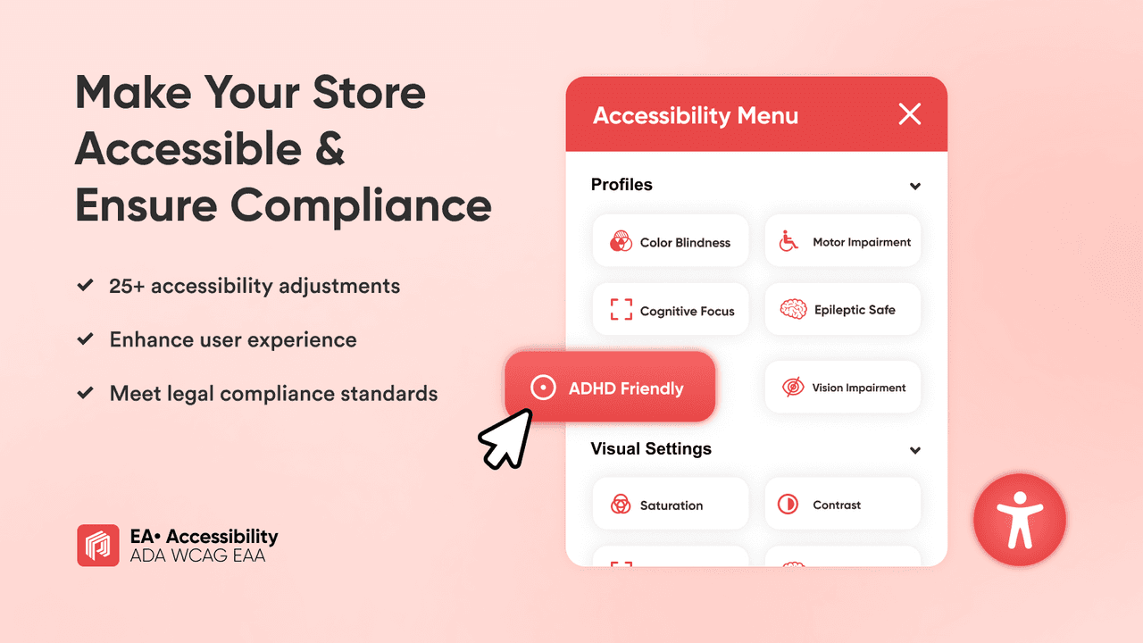 EA Accessibility showing an accessibility widget with ADA and EAA support.