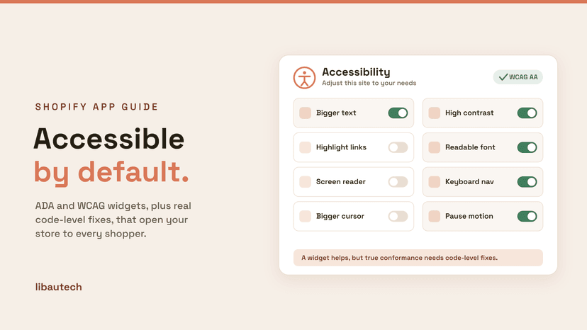 9 Best Shopify Accessibility Apps 2026: an accessibility menu panel with contrast, text-size, screen-reader and keyboard toggles and a WCAG AA badge.