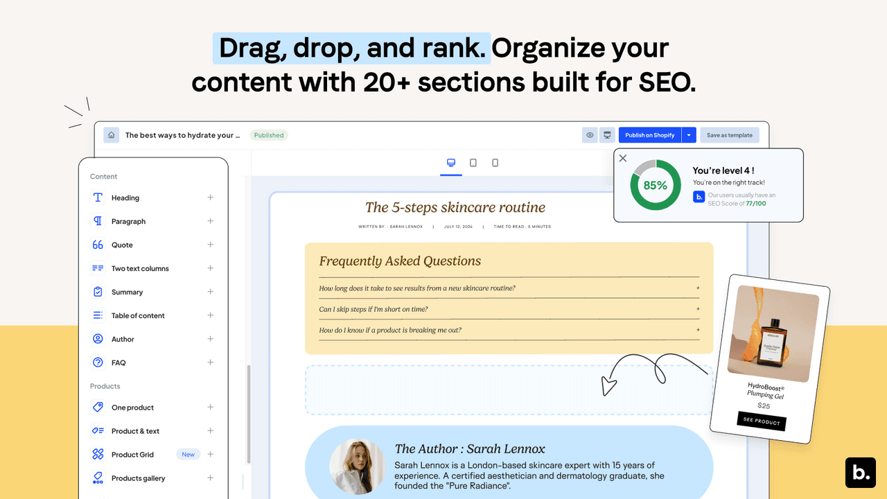 Bloggle drag-and-drop blog builder with rich article layouts.