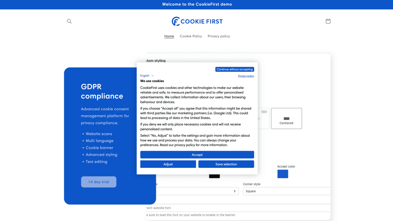CookieFirst showing automatic scanning and multi-language consent banners.