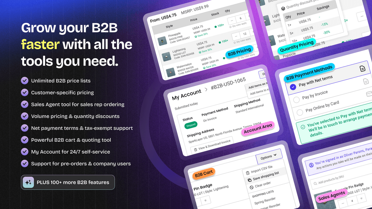 SparkLayer providing a full B2B storefront and self-serve ordering.