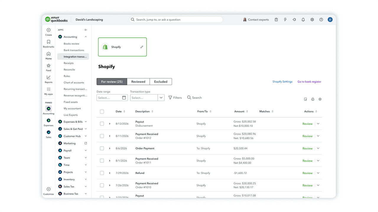 QuickBooks Online connector syncing Shopify orders and payouts into QuickBooks.