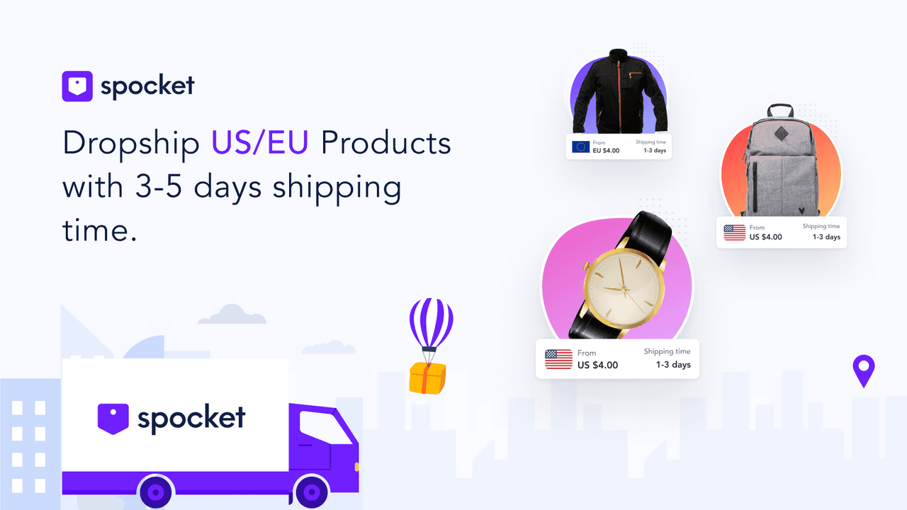 Spocket sourcing from US and EU suppliers for faster shipping.
