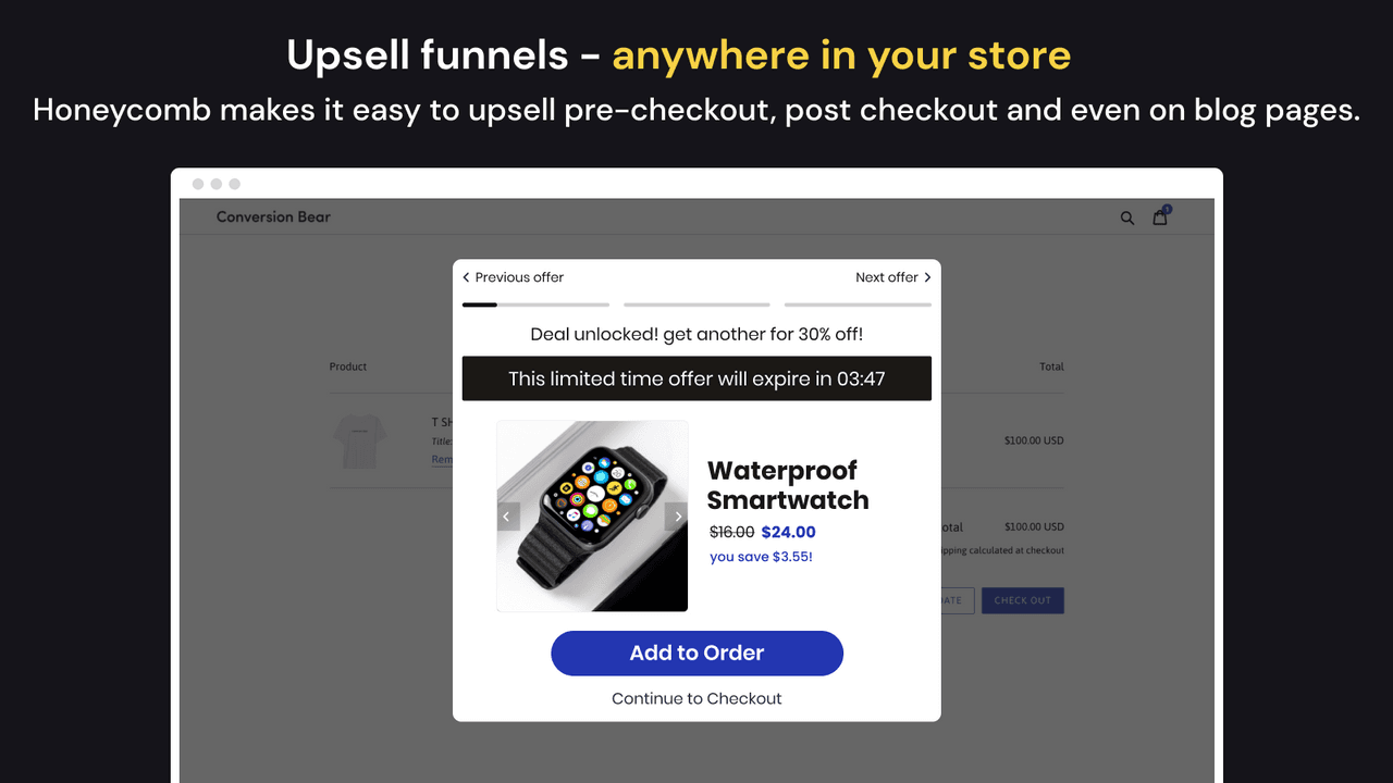 Honeycomb Upsell and Cross Sell showing pre-purchase upsell funnels.
