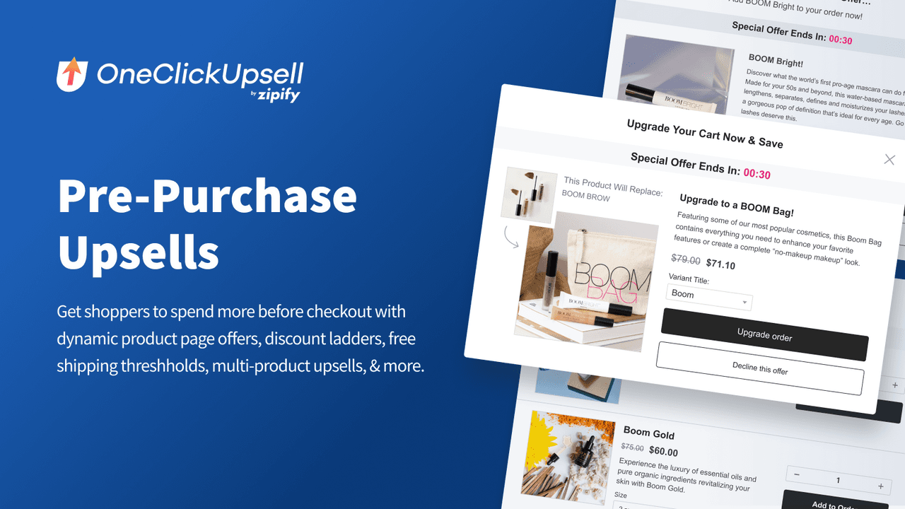 Zipify OneClickUpsell showing one-click pre and post-purchase upsell funnels.