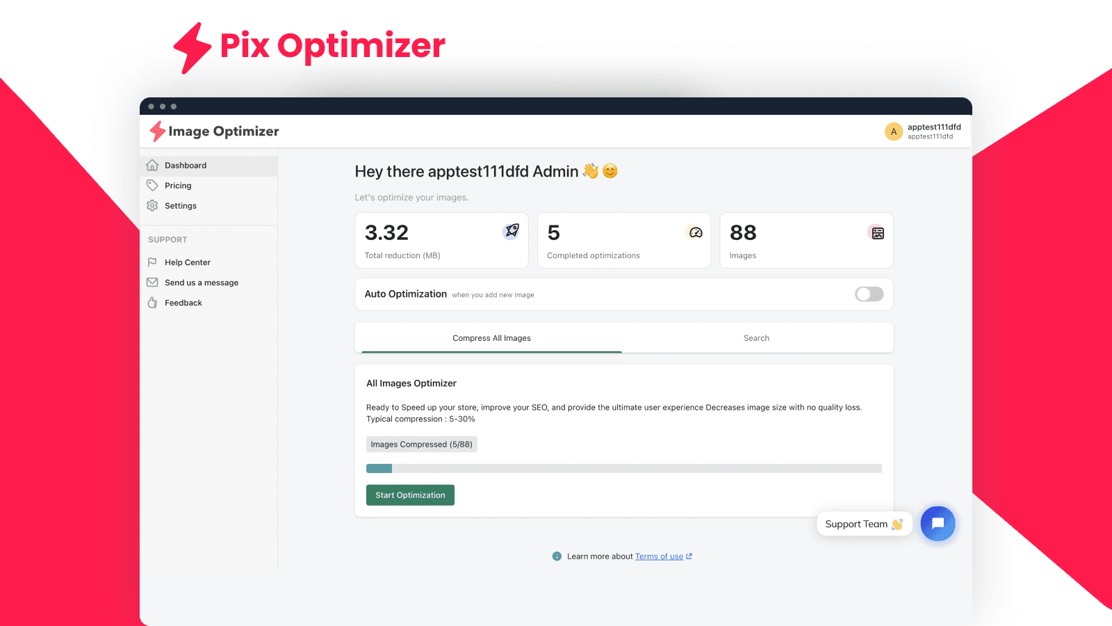 PIX Image Optimizer shown on its Shopify App Store listing.