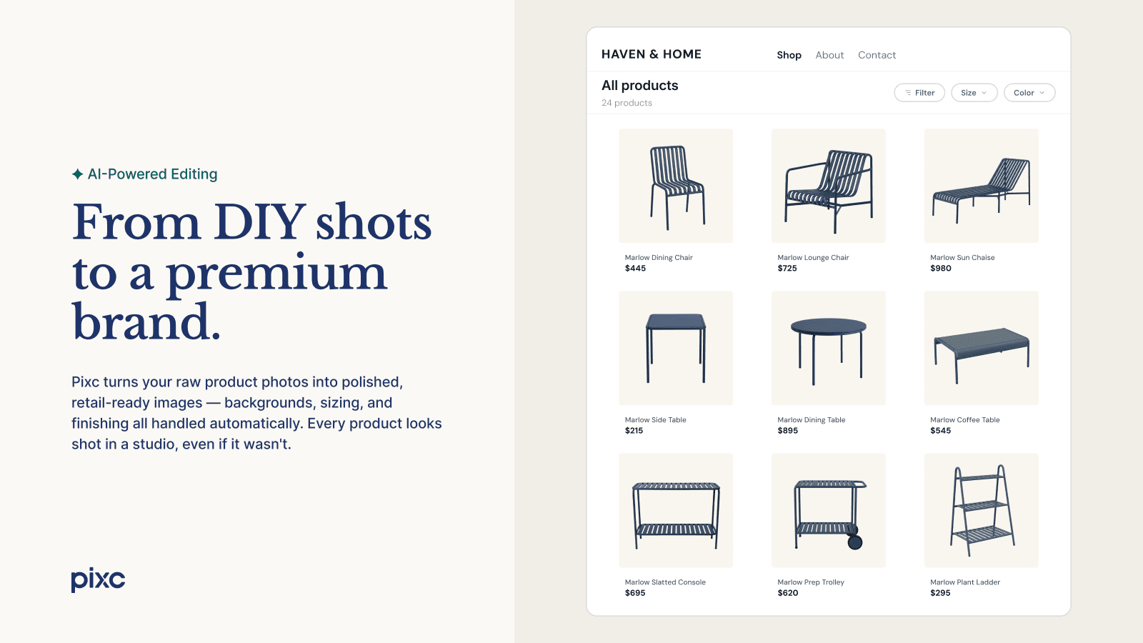 Pixc Retail-Ready Photos shown on its Shopify App Store listing.