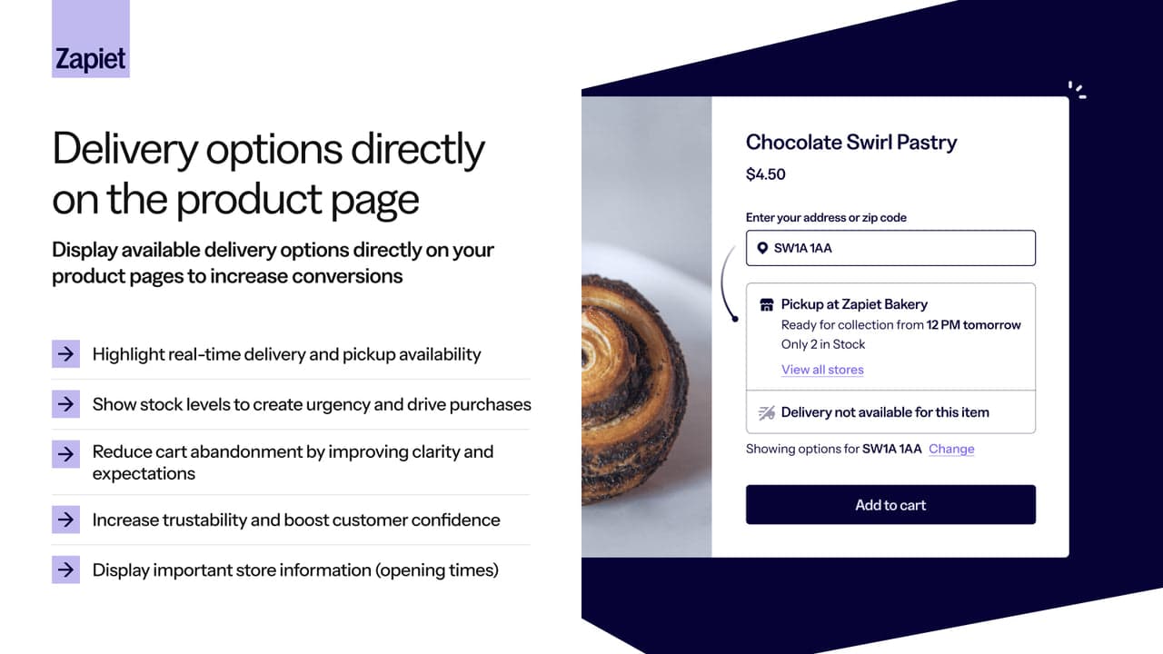 Zapiet showing in-store pickup and local delivery scheduling at checkout.
