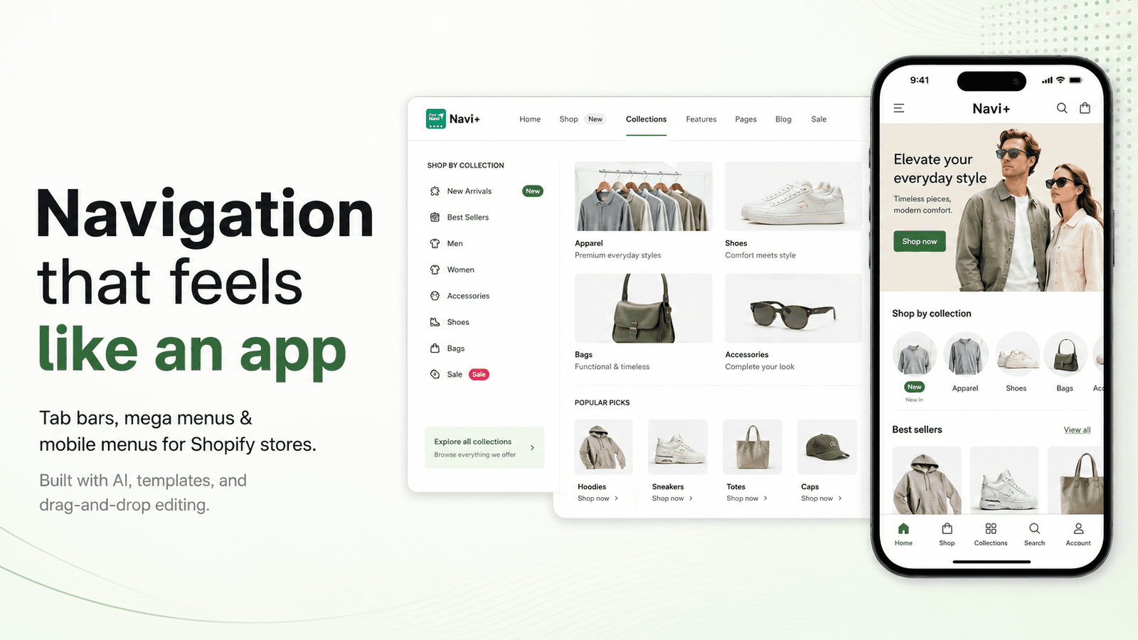 Navi+ TabBar & Bottom Bar shown on its Shopify App Store listing.