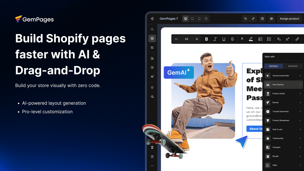 GemPages showing a design-rich page and AI page generation.