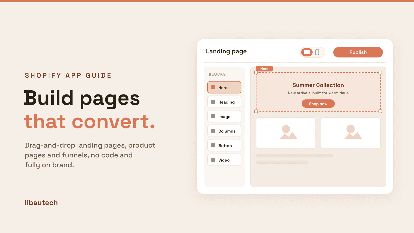 8 Best Shopify Page Builder Apps 2026: a drag-and-drop editor with a blocks sidebar, a selected hero section and a publish button.