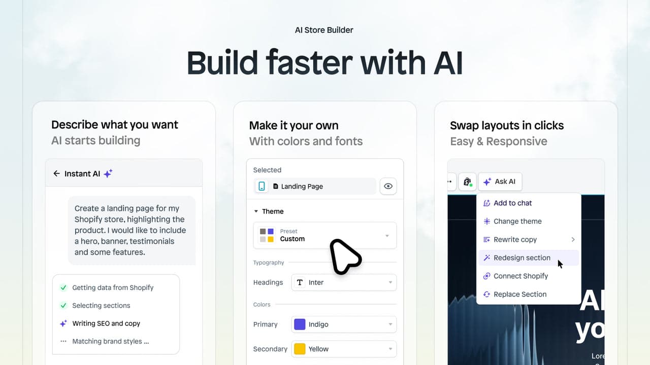 Instant showing a fast, canvas-style page builder with AI.