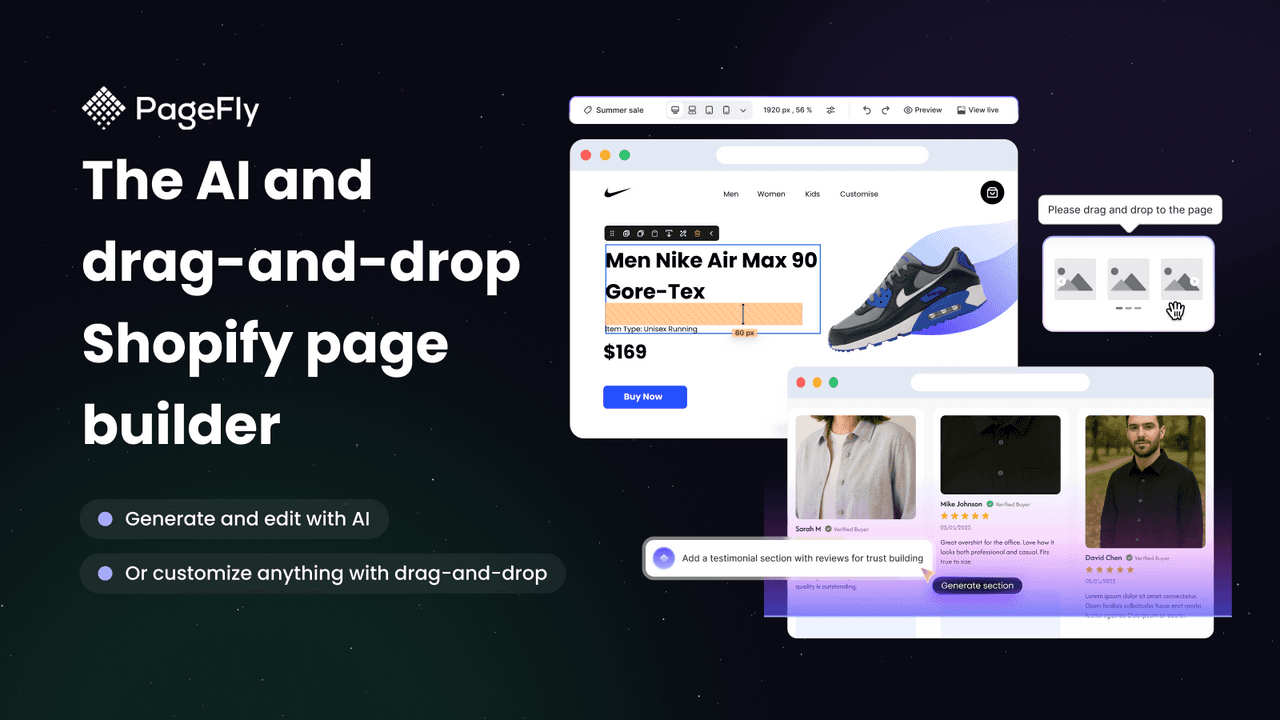 PageFly drag-and-drop editor building a Shopify landing page.