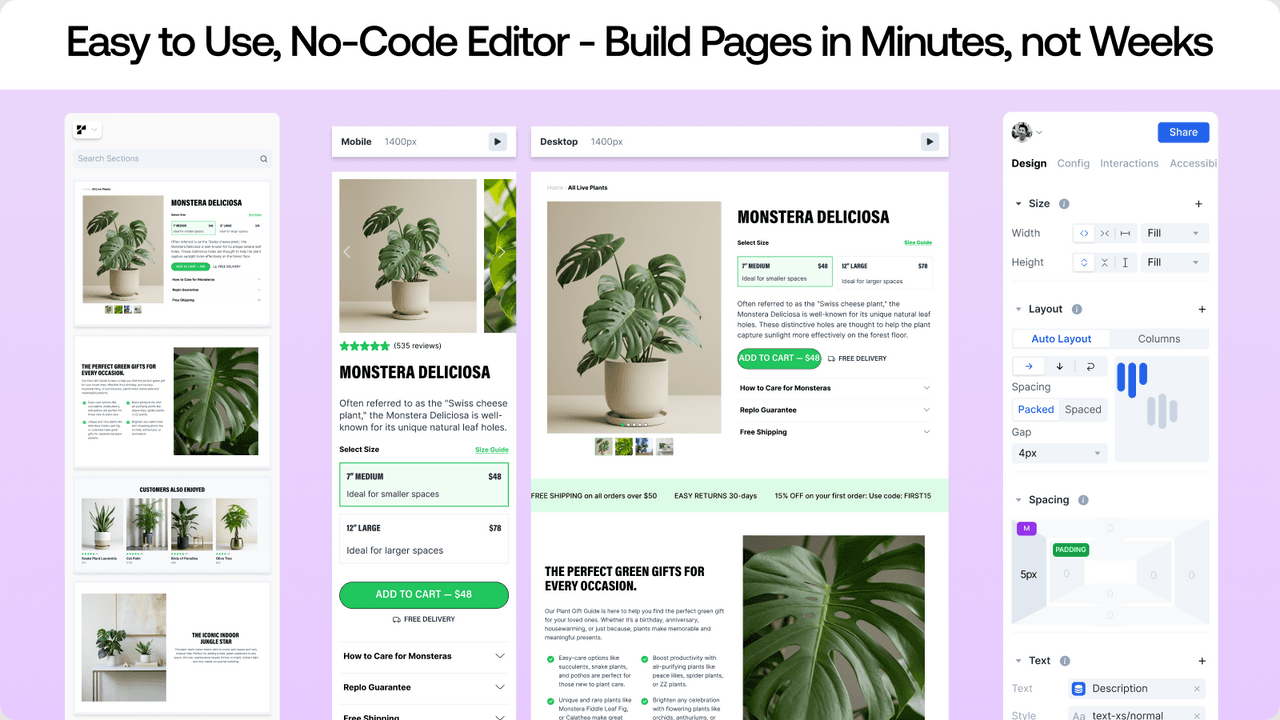 Replo showing performance-first DTC landing page building.
