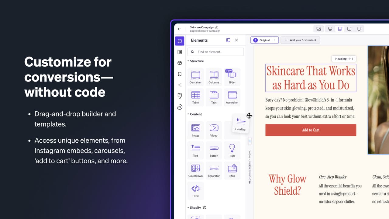 Shogun showing enterprise page building with A/B testing.