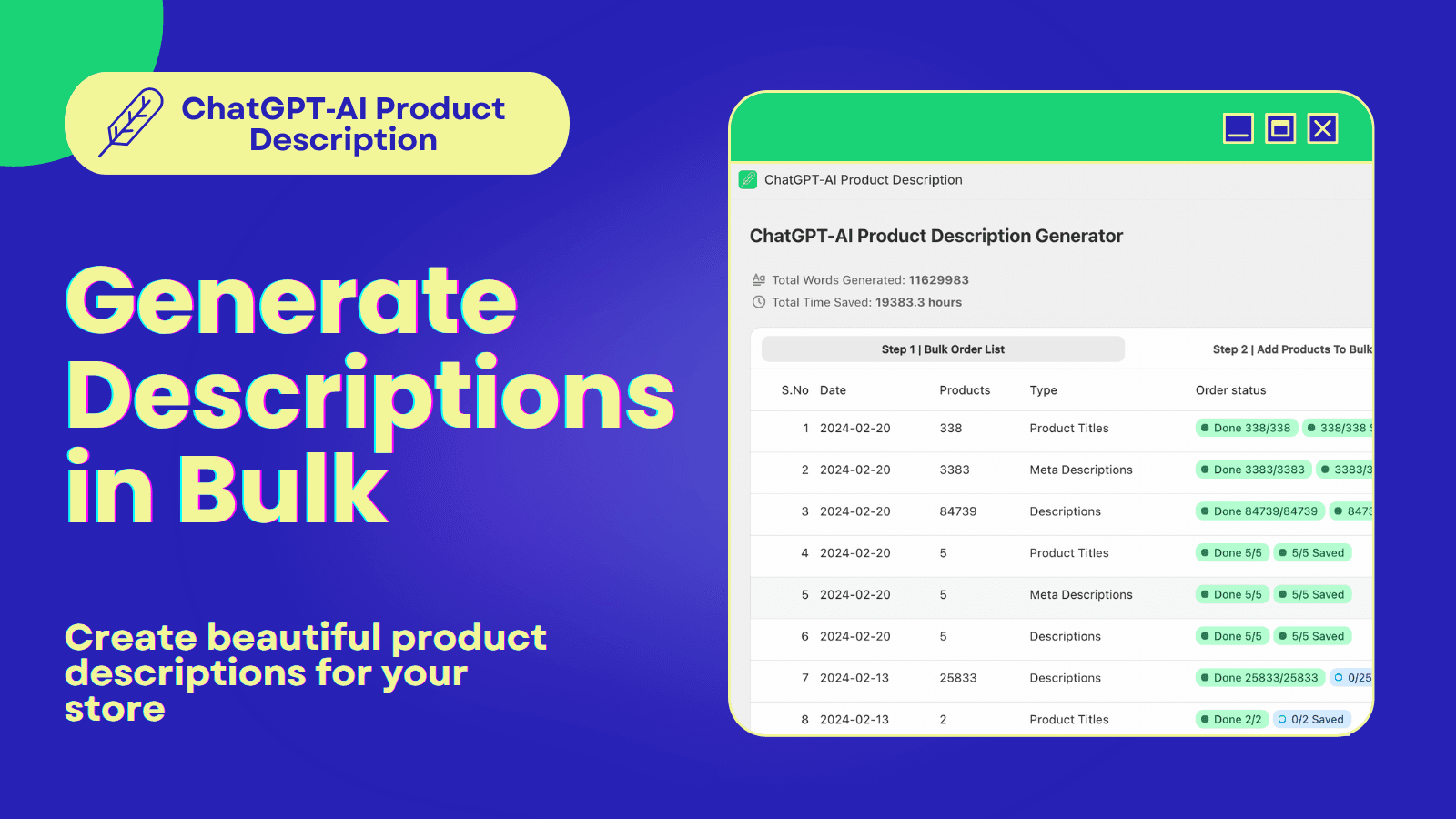Bulk Product Descriptions by ChatGPT shown on its Shopify App Store listing.