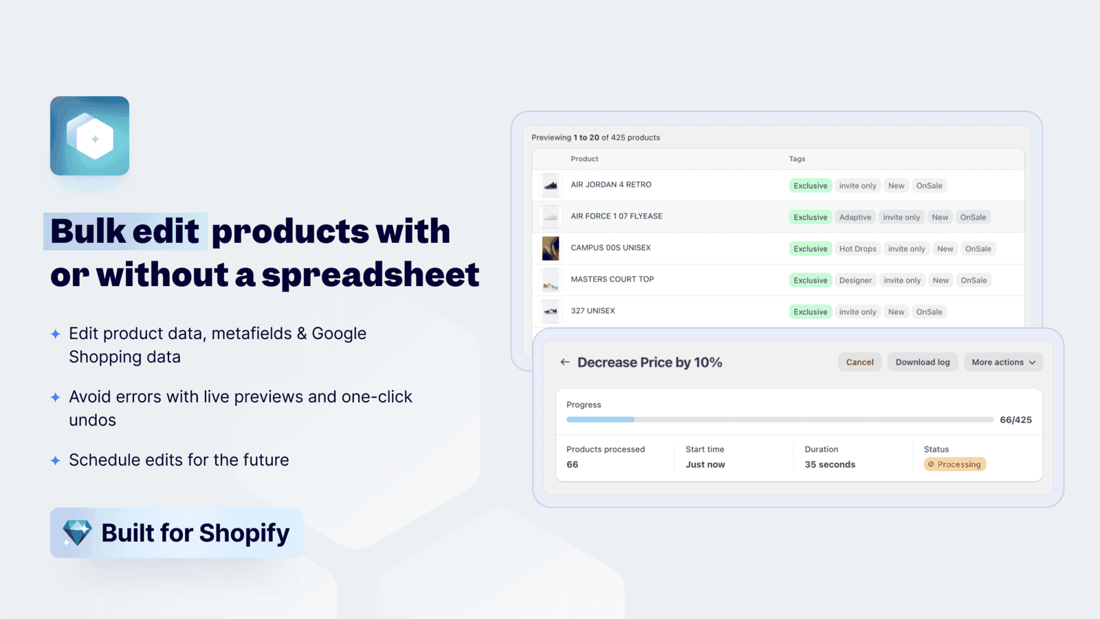 Bulk Product Editor by Ablestar shown on its Shopify App Store listing.