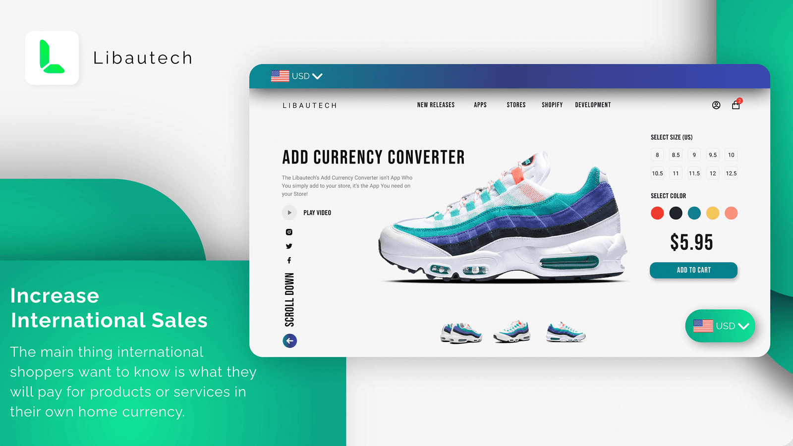 Libautech Currency Converter shown on its Shopify App Store listing.