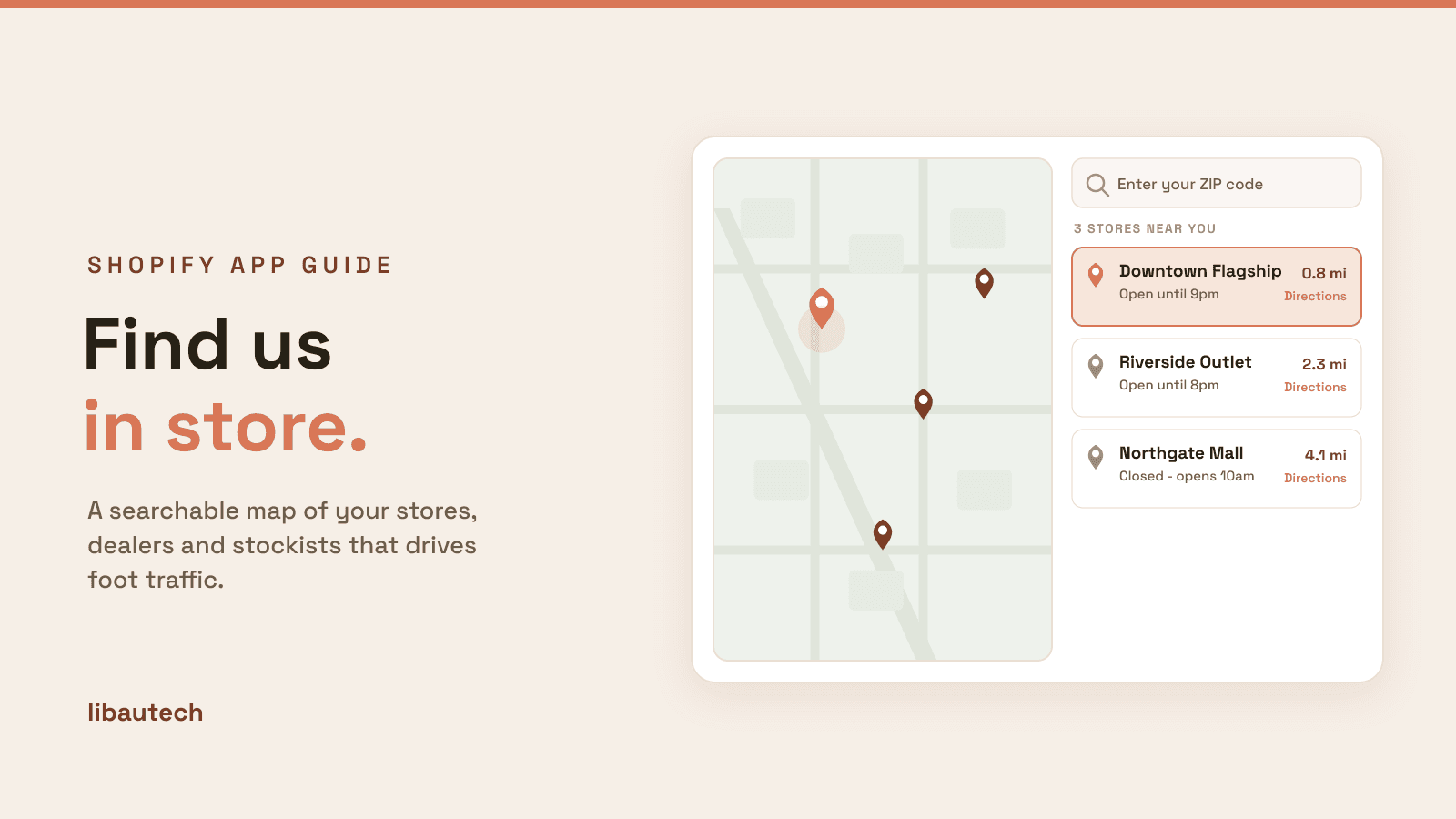 8 Best Shopify Store Locator Apps 2026: a searchable map with location pins and a list of the nearest stores showing distance, hours and directions.