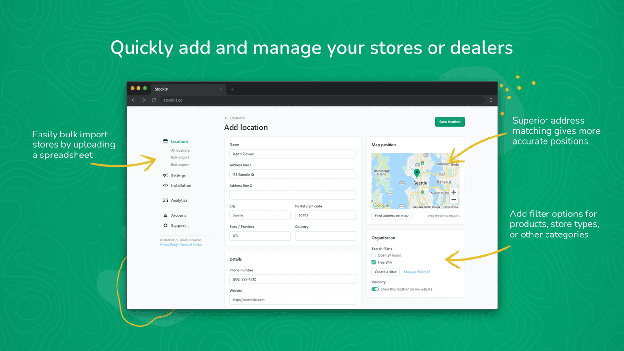 Stockist Store Locator with fast search and filters across many locations.