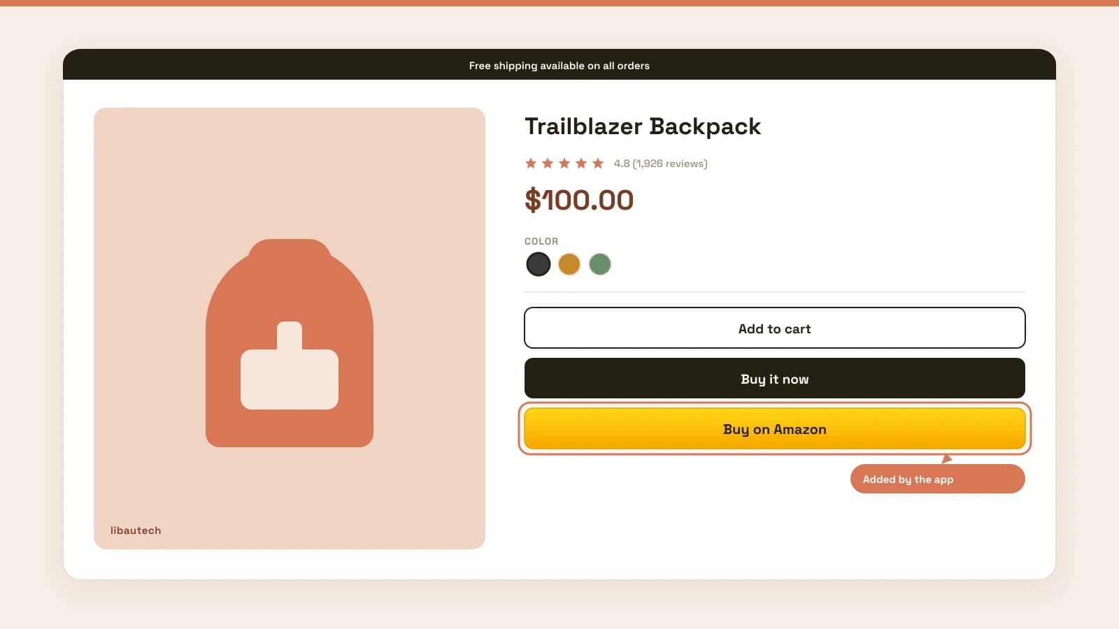 A Shopify product page with the orange Buy on Amazon button added below Add to cart and Buy it now, placed there by the Amazon Buy Button app by Libautech.