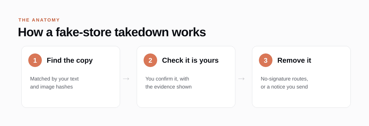 How a fake-store takedown works: find the copy, check it is yours, then remove it.