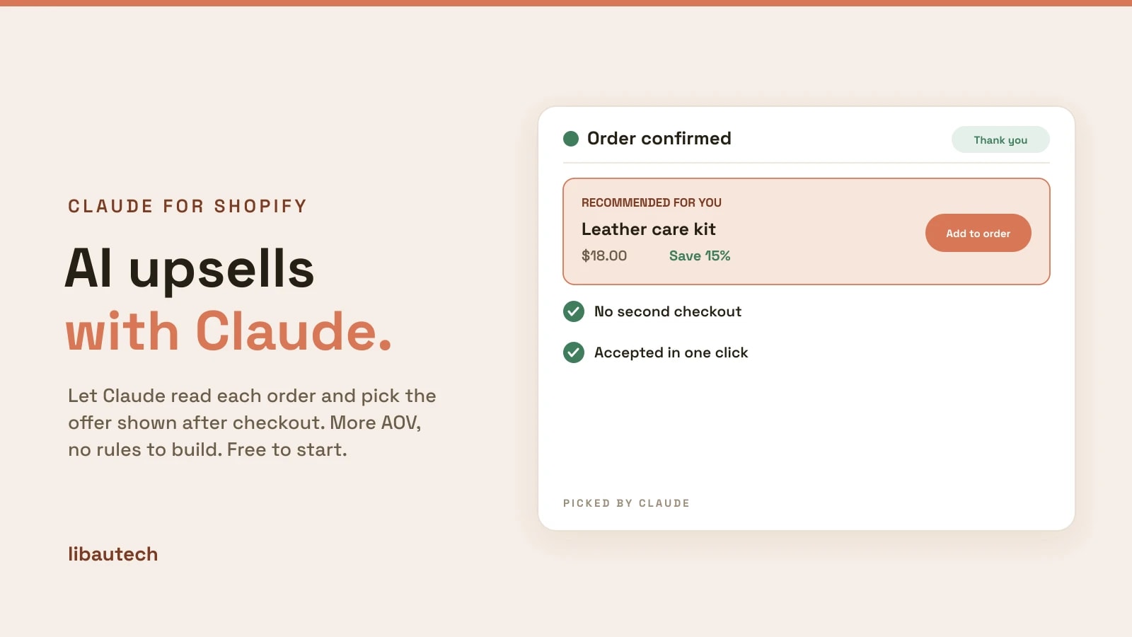 A post-purchase thank-you page showing an AI-picked upsell offer with a one-click add button.