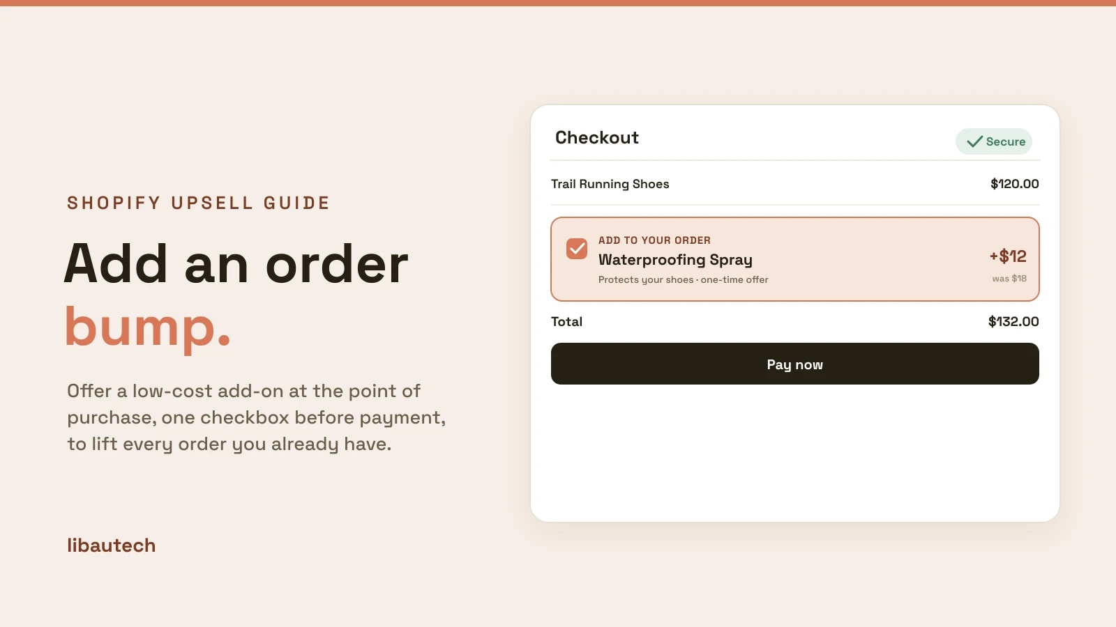 A Shopify checkout showing an order bump: a checkbox add-on offer added to the order before payment.