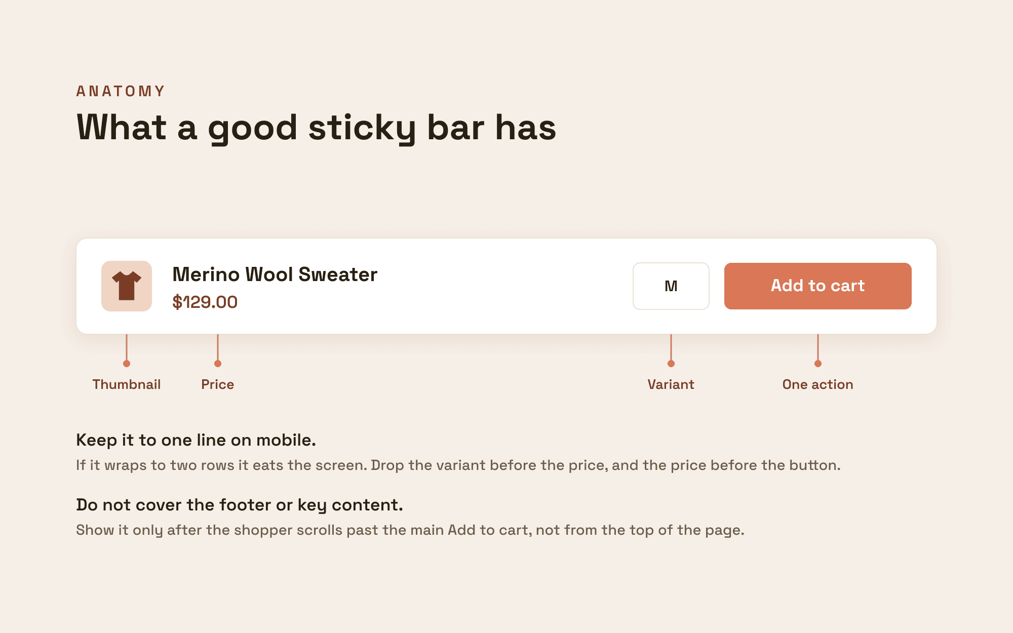 The anatomy of a good sticky add to cart bar: thumbnail, price, variant and a single Add to cart action, kept to one line.