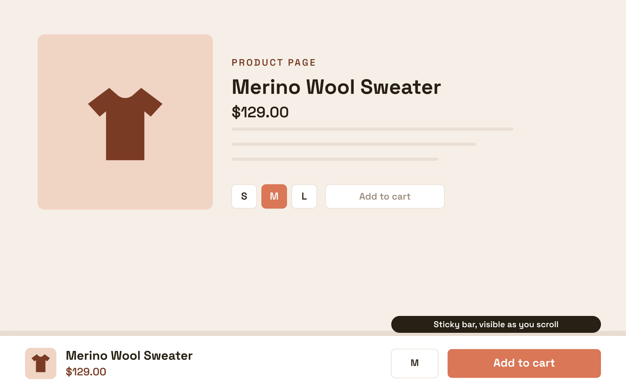 A Shopify product page with a sticky add to cart bar pinned to the bottom, showing the product thumbnail, price, size and an Add to cart button.