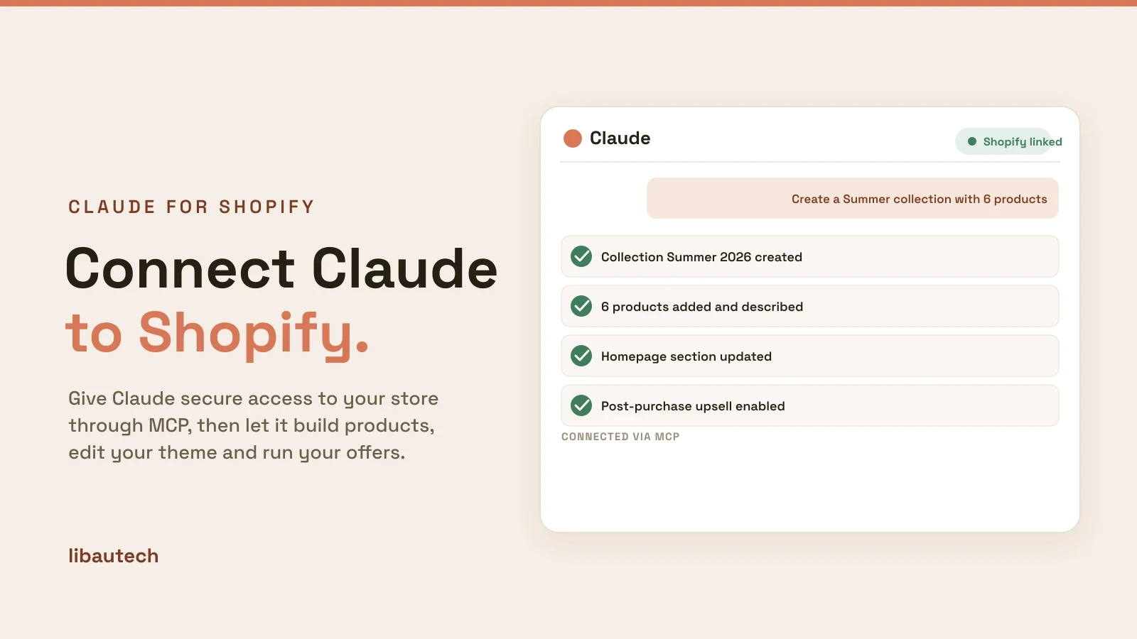 A Claude panel linked to Shopify via MCP, creating a collection, products and offers in the store.