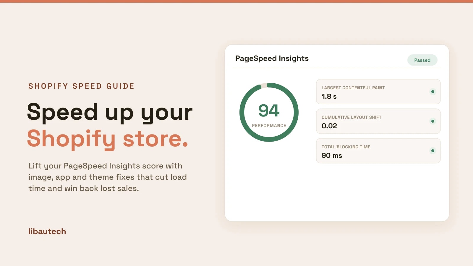 A PageSpeed Insights panel showing a 94 performance score with passing Core Web Vitals for a Shopify store.