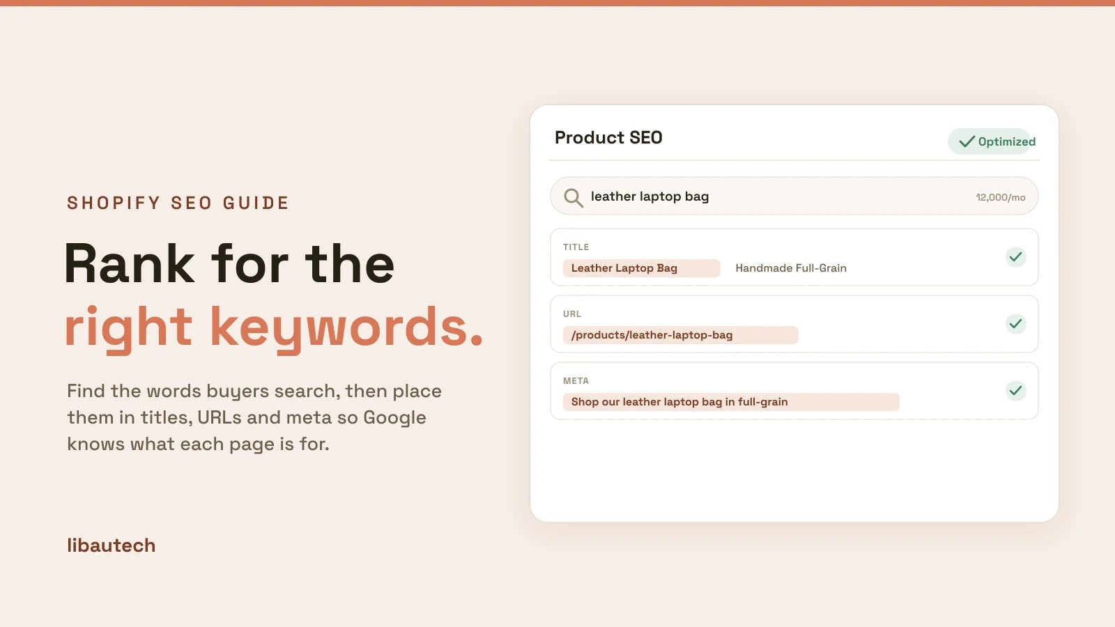 A Shopify product SEO panel showing a keyword placed in the product title, URL and meta description.