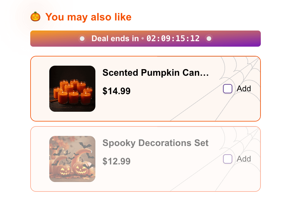 Screenshot of Smart Upsell Shopify Halloween preset showing product addons