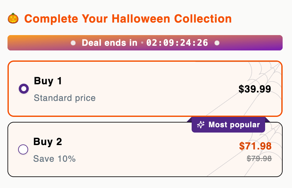 Screenshot of Smart Upsell Halloween Preset showing a volume discount offer