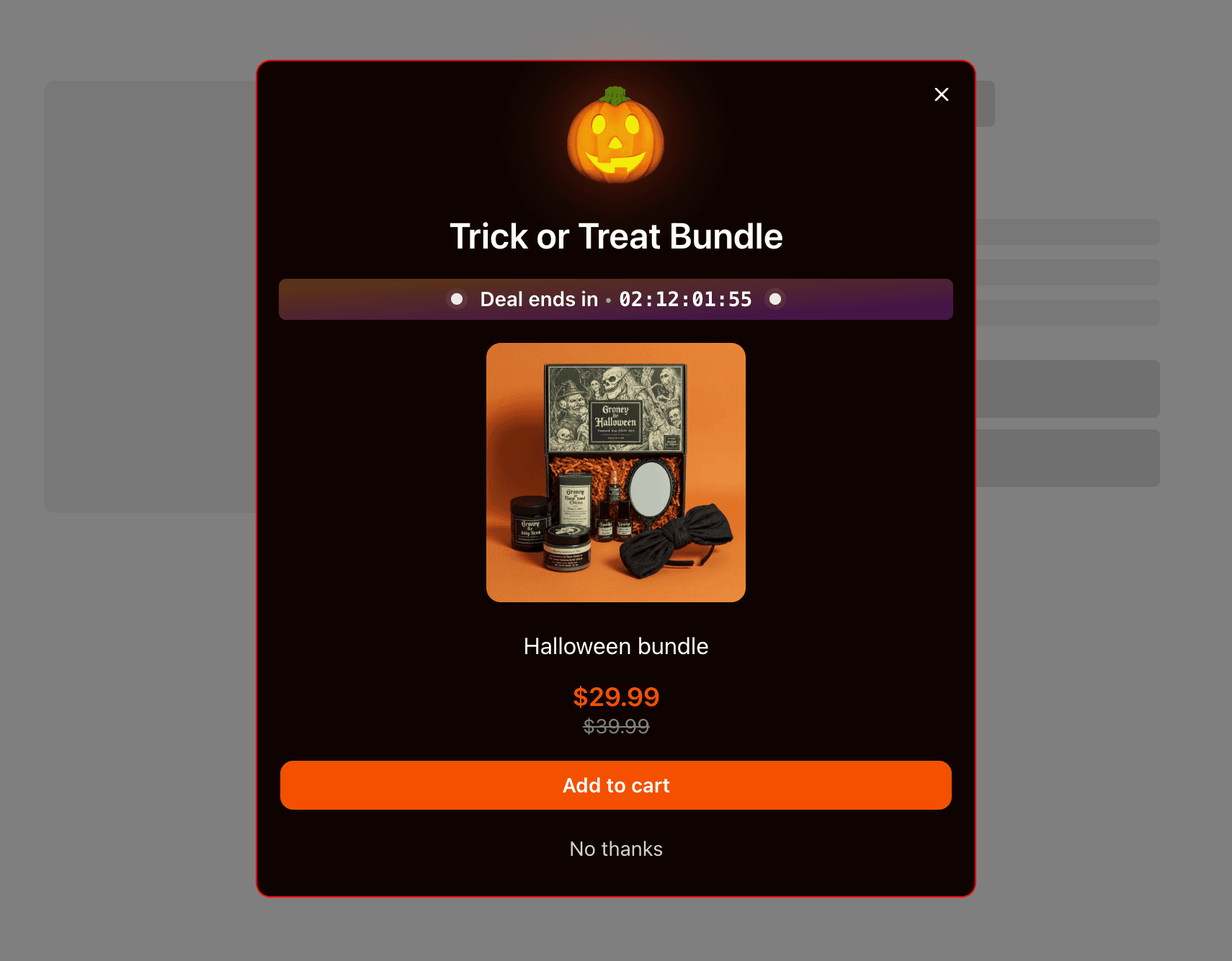 Screenshot of Smart Upsell Halloween preset showing spooky popup on Shopify store